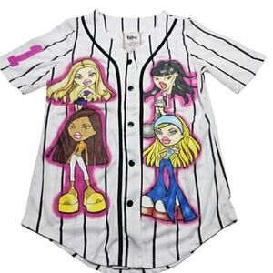 Bratz Women's Button Front Baseball Jersey Shirt Pinstripe White/Black Size L